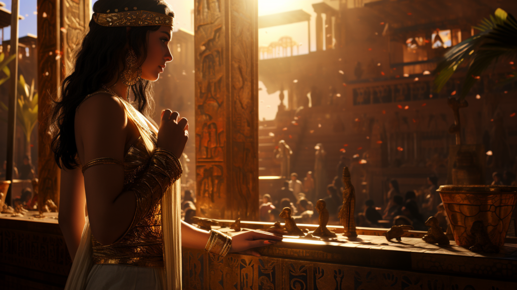Envision a grand hall in an ancient Egyptian palace. The walls are covered in intricate hieroglyphs and colorful frescoes depicting scenes of daily life and divine tales. Men and women are elegantly dressed in flowing garments made of fine linen, their necks, arms, and ears adorned with jewelry made of gold, lapis lazuli, and turquoise. The sunlight streaming through the windows catches the gemstones, making them sparkle like the waters of the Nile.