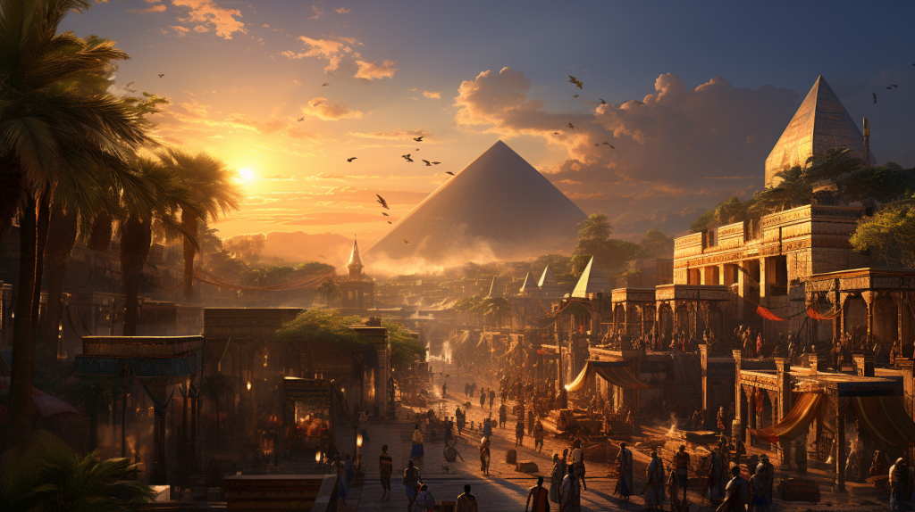 Picture a bustling ancient Egyptian marketplace, with stalls selling spices, fabrics, and jewelry. Men and women are dressed in flowing linen garments, adorned with intricate gold and gemstone jewelry. The sun casts golden rays, making the jewelry sparkle. The backdrop features towering palm trees and the distant silhouette of grand pyramids.