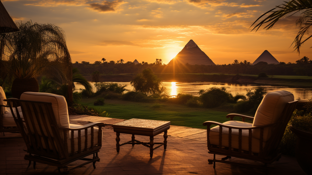 Imagine a panoramic view of the Nile River, its waters shimmering under the golden sun. On either side, lush green fields of flax plants stretch as far as the eye can see. In the background, the silhouettes of pyramids loom, symbolizing the grandeur of ancient Egypt.